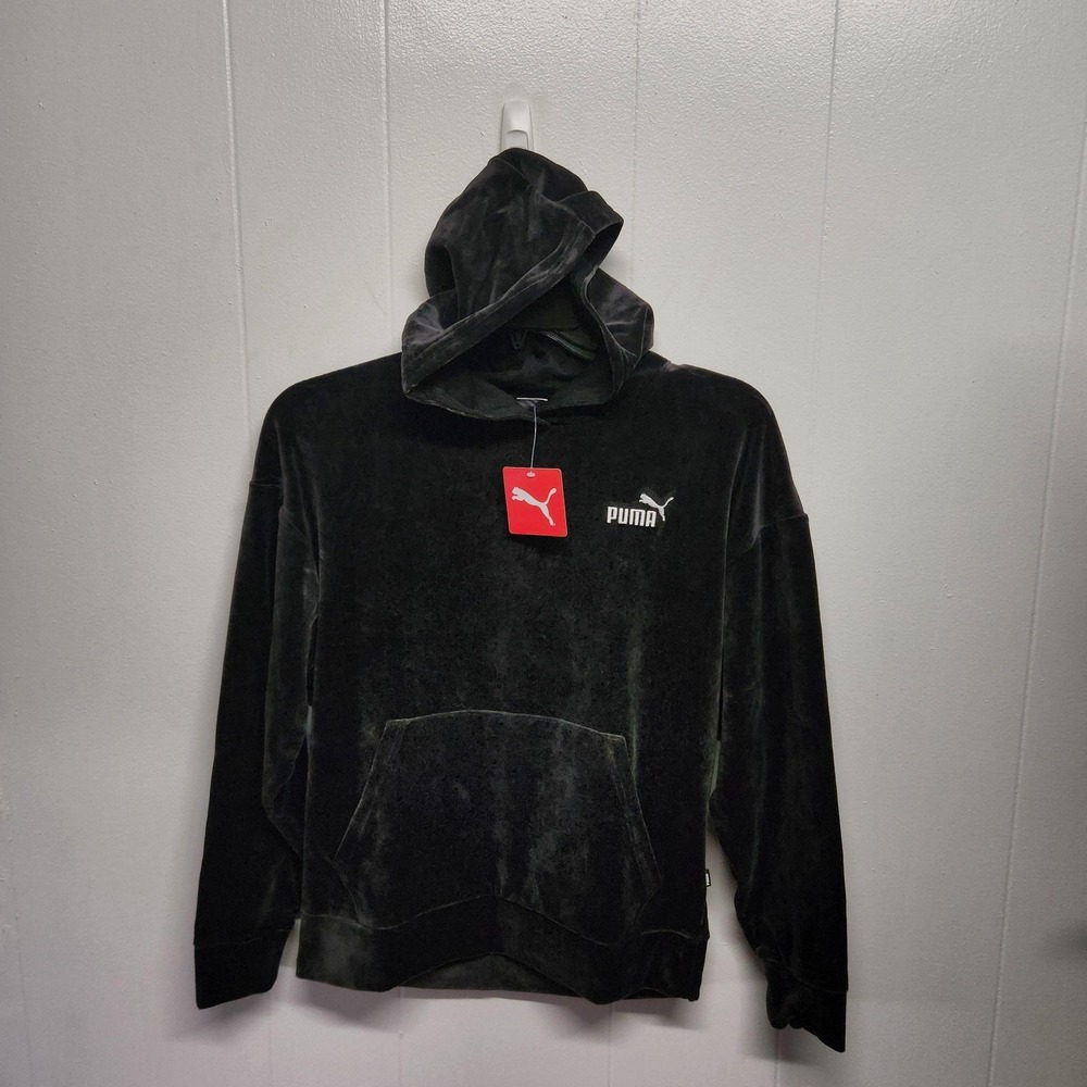 Puma Hoodie Women Small Black Velour Pullover Elevated Logo Sweatshirt 675991 01